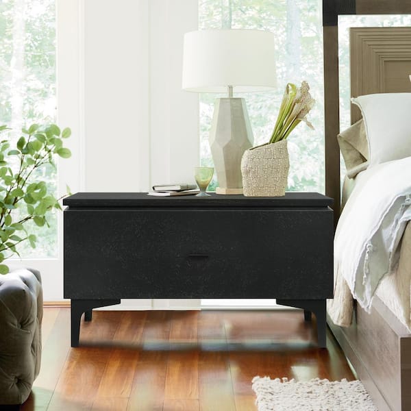 Armen Living Legend Black Glaze Ash Veneer 1-Drawer Nightstand with Metal Legs
