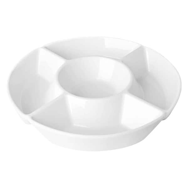 3.54 in. White Porcelain Round Chip & Dip Servers Divided Platter with 5 Compartments, Relish Tray for Snacks