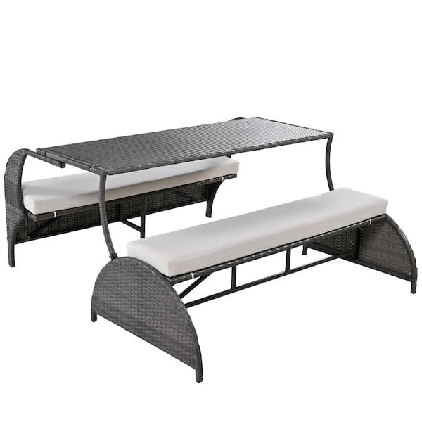 2-in-1 Convertible 57.1 in Gray Rectangle Iron Picnic Table, Portable Picnic Table Couch with Beige Cushions