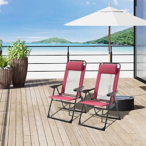 2-Piece Red Metal Folding Beach Chairs, Outdoor Camping Chair with Adjustable Sling Back and Removable Headrest