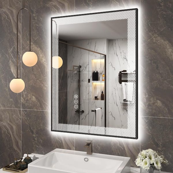 Apmir 32 in. W x 24 in. H Rectangular Framed Checkerboard LED Lighted Anti-Fog Tempered Glass Wall Bathroom Vanity Mirror