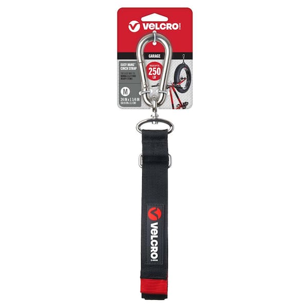 VELCRO 24 in. x 1-1/4 in. Easy Hang Cinch Strap, Bundling Strap with Carabiner in Black Hook and Loop (1-Pack)
