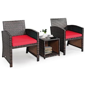 3-Piece Wicker Patio Conversation Set with Red Cushions Sofa Coffee Table