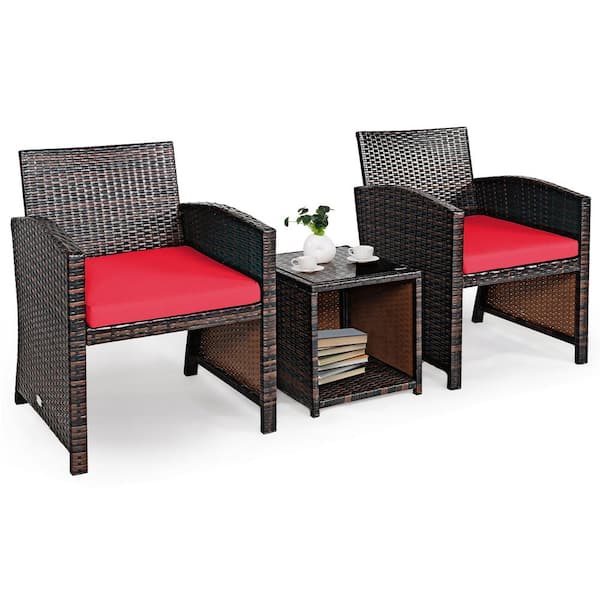 Costway 3-Piece Wicker Patio Conversation Set with Red Cushions Sofa Coffee Table