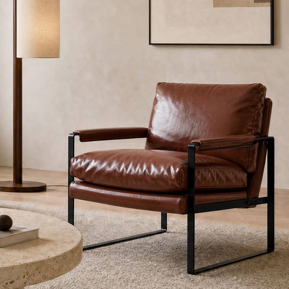 Art Leon Leo Modern Red Brown Faux Leather Arm Chair with Steel