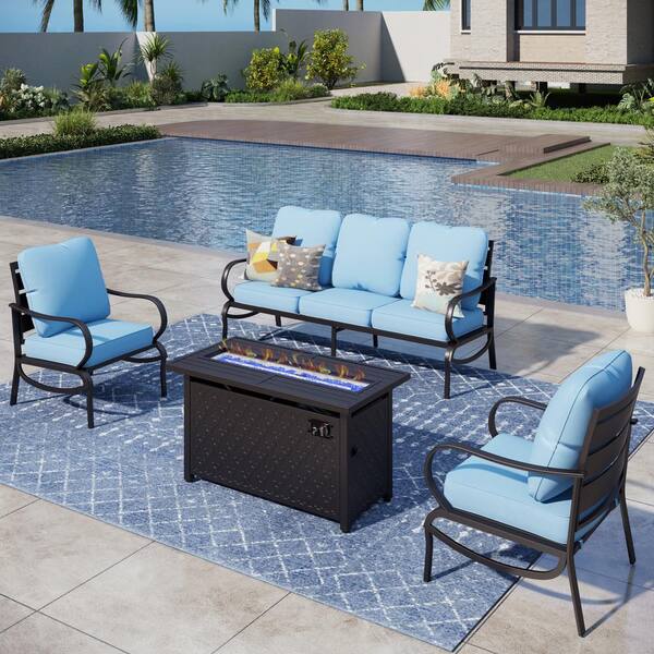 PHI VILLA 5 Seat 4-Piece Metal Outdoor Patio Conversation Set with Blue Cushions and Rectangular Fire Pit Table