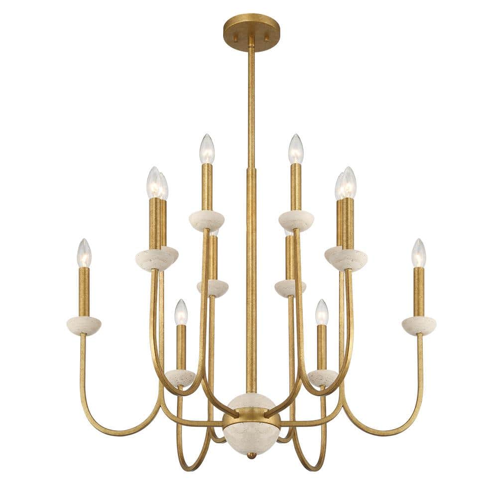 Antique Gold 12-Light Candle Chandelier with Travertine Cups