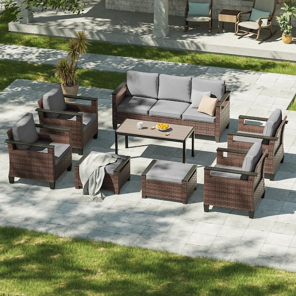 8-Piece Patio Conversation Set with Coffee Table Wide Armrests Sofa with Ottoman Brown Wicker Gray Cushions