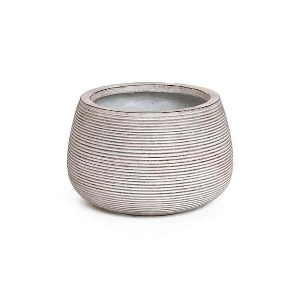 LuxenHome 7.5 in. White and Brown Ceramic Textured Ribbed Bowl Floor Planter