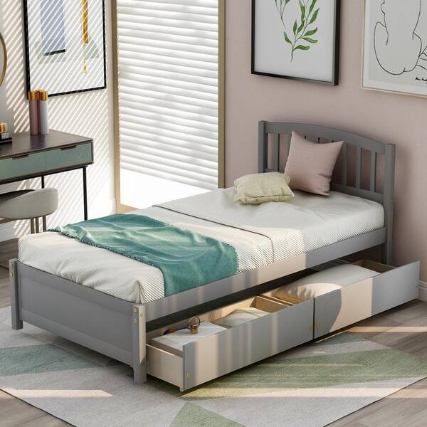 URTR Gray Twin Size Storage Platform Bed with 2-Drawers Wood Bed Frame with Headboard, No Box Spring Need