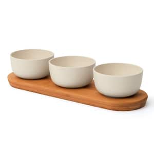 Leo 0.29 Qt. 3-Piece Beige Bamboo Bowl Set with Serving Tray