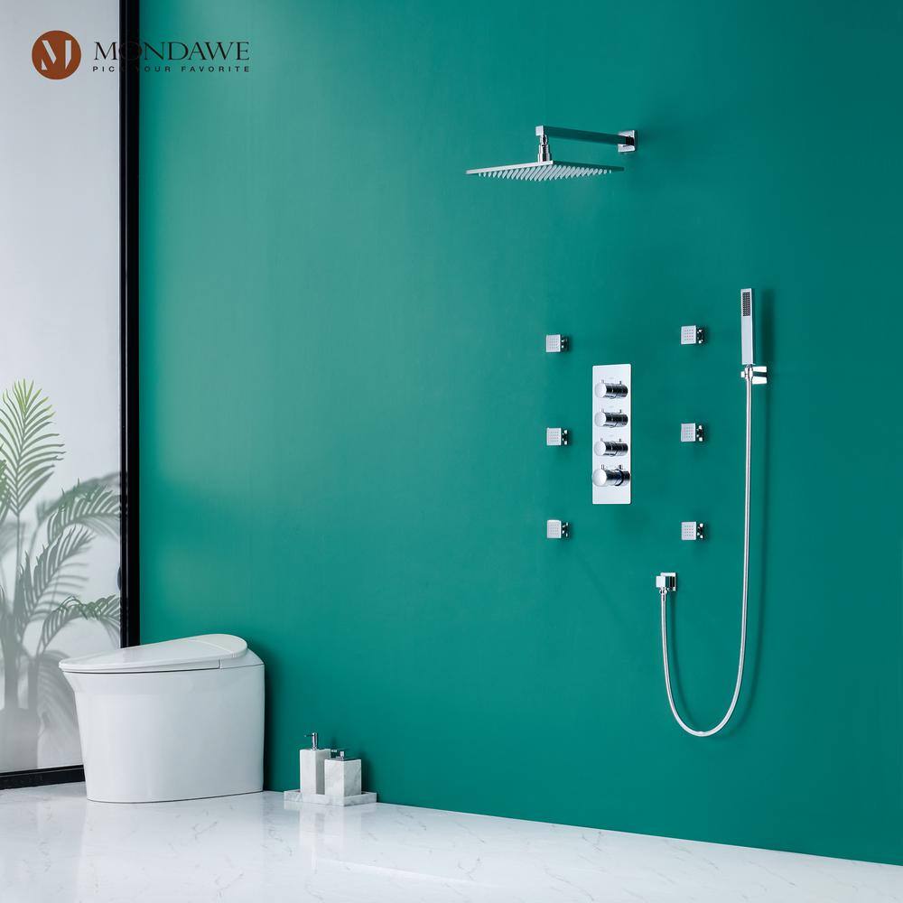 12 Inch Chrome LED Wall Mounted Rain Shower System with Handheld and Body Jets