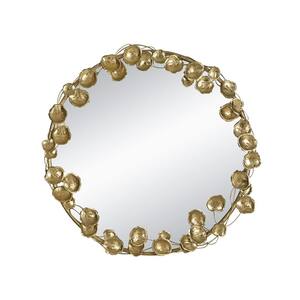 35.2 in. W x 35.2 in. H Large Round Iron Framed Wall Bathroom Vanity Mirror in Gold with Golden Leaf Accent
