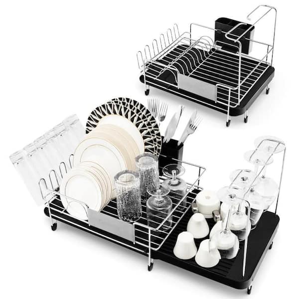 A Black Pp Dish Rack With Space For 13 Plates, 6 Bowls, And 2 Cups. It Has  Four Hooks On The Side For Utensils And Is Very Convenient For Storage,  Suitable For