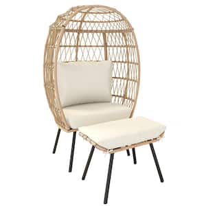 Brown Wicker Outdoor Patio Lounge Egg Chair with Footrest and Beige Cushion