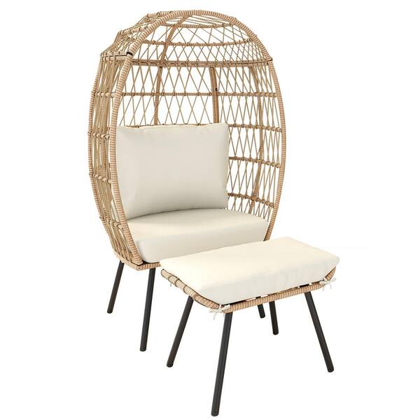 DEXTRUS Brown Wicker Outdoor Patio Lounge Egg Chair with Footrest and Beige Cushion