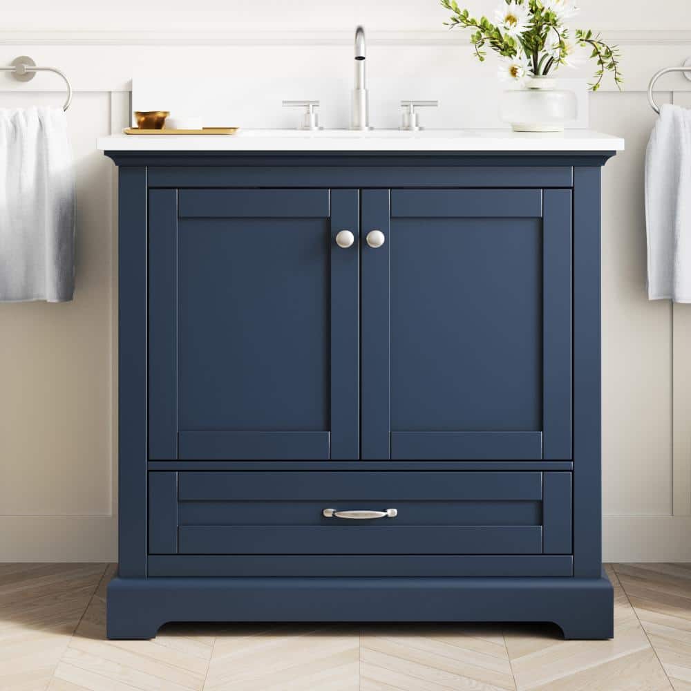 36 in. Single Sink Freestanding Navy Blue Solid Wood Bath Vanity with White Cultured Marble Top, Soft Close, Assembled price history on PriceWatchPro