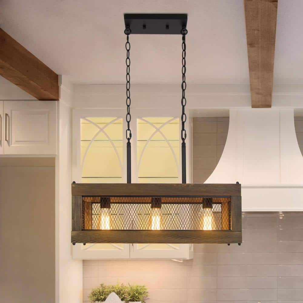 Farmhouse 3-Light Black Rectangle Wood Chandelier with Metal Mesh Accents price history on PriceWatchPro