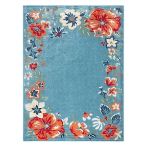Hibiscus Bloom Bordered Light Blue/Red 8 ft. x 10 ft. Floral Modern Indoor/Outdoor Patio Area Rug