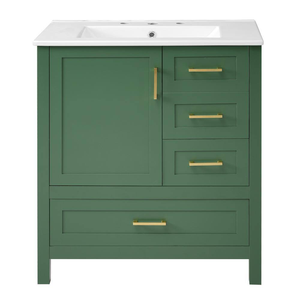 Ziyudura 30 in. Single Sink Freestanding Green Bath Vanity with White Ceramic Top, 3 Drawers and ...