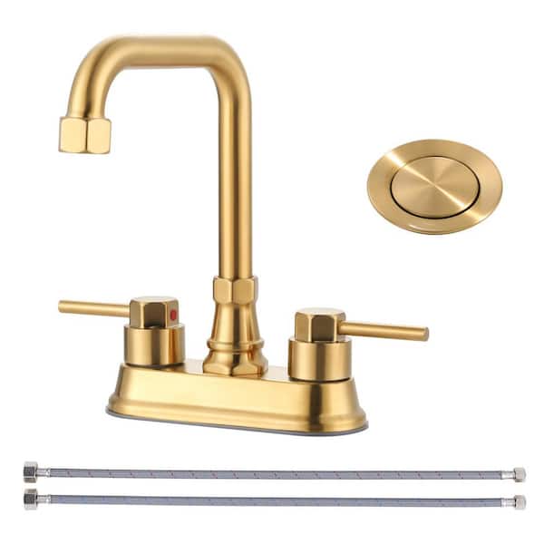 Double Handle 4 in. Centerset Bathroom Faucet, Bathroom Faucet with Pop-Up Drain Assembly in Brushed Gold