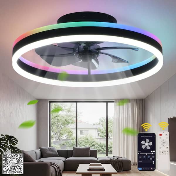 Prisma 20 in. Indoor Black Modern Scandi Flush Mount Fandelier with Lights, 6-Speed RGBW LED Smart Ceiling Fan w/ Remote