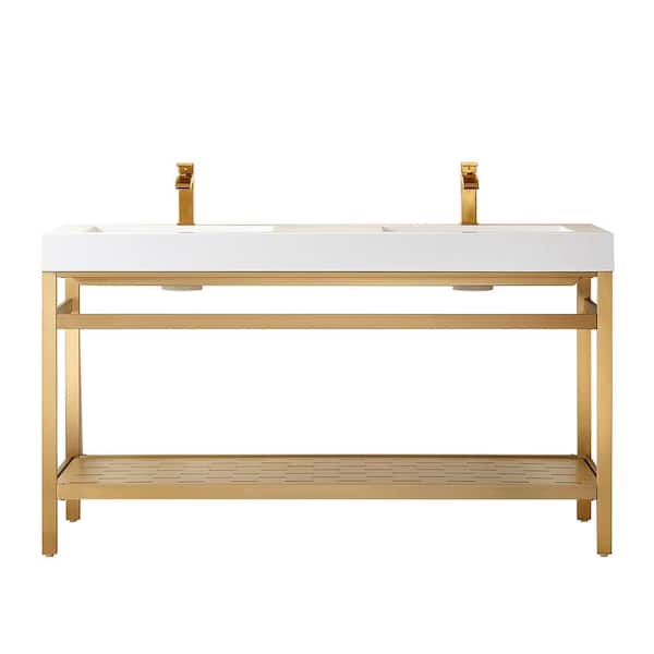 ROSWELL Ablitas 60 in. W x 20 in. D x 34 in. H Bath Vanity in Brushed Gold with White Composite Stone Top