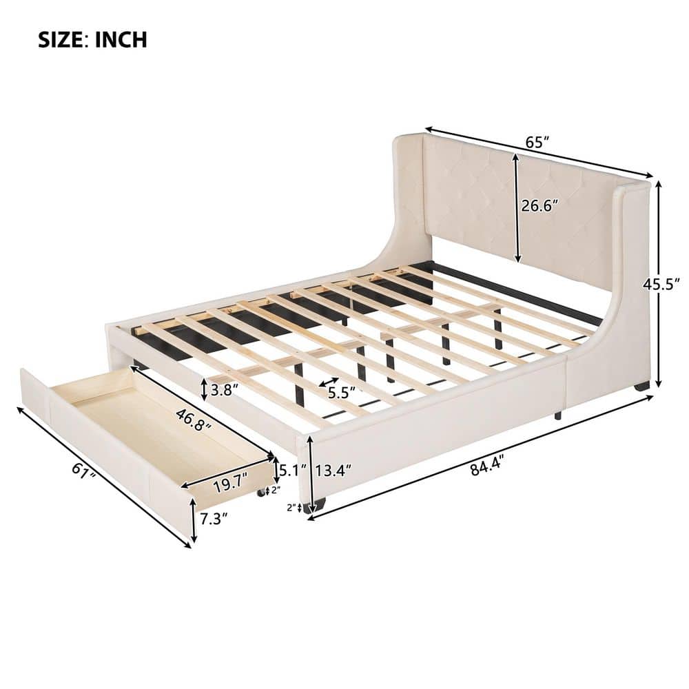 Beige Velvet Upholstered Queen Platform Bed with Storage Drawer