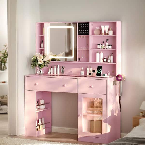 1-piece Macaron Pink Particle Board Makeup Vanity Table with Dimmable Touch Mirror 2-Drawer 1-Glass Door 2-Tier Shelf