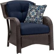 Strathmere 6-Piece Woven Patio Seating Set with Tile-Top Fire Pit and Navy Blue Cushions