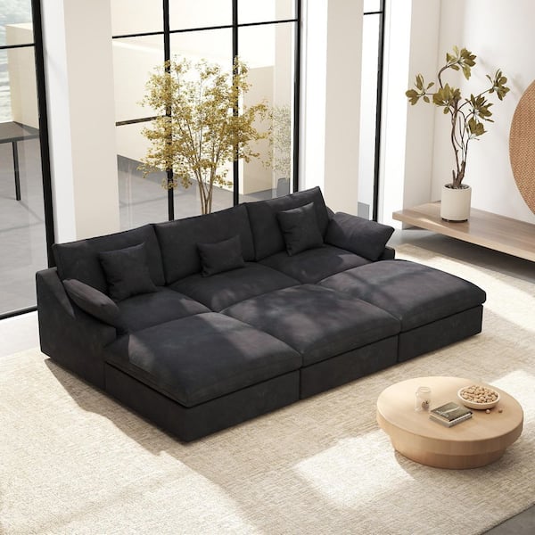 Magic Home 119 in. W Square Arm Linen Upholstered Rectangle 3-Seater Sectional Sofa with 3-Ottoman in Black
