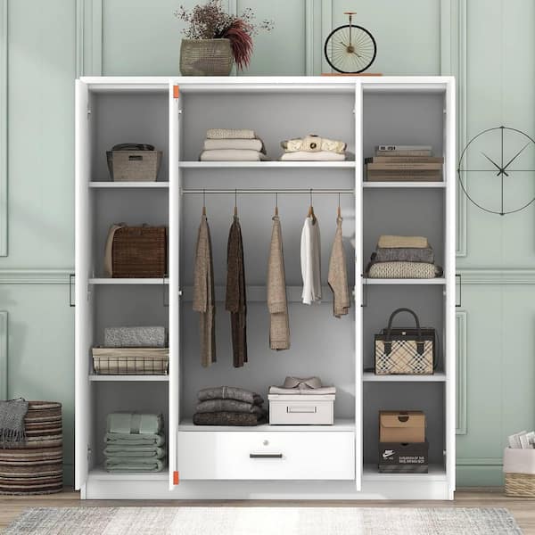 White MDF Wood 59.2 in. Wardrobe with 4-Door and 1 Drawer