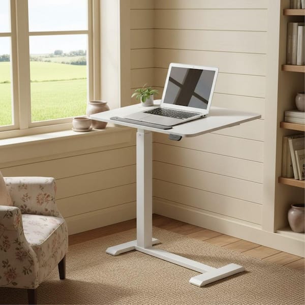 KCTY 27.5 in. Glacier White Electric Height Adjustable Laptop Desk with Tilted Worktop and Wheels for Home and Office