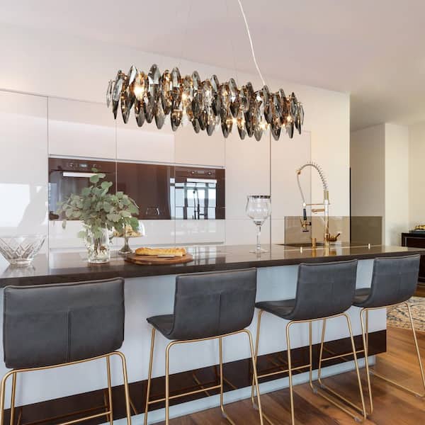 Classic 8-Light Plating Brass Linear Island Chandelier with Smoky Gray Crystals for Dining Room Kitchen Pendant Light