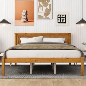 Modern Oak (Brown) Wood Frame Queen Size Platform Bed with Headboard, Additional Support Slats Legs