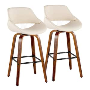 Fabrico 29.5 in. Cream Faux Leather, Walnut Wood, and Black Metal Fixed-Height Bar Stool with Square Footrest (Set of 2)