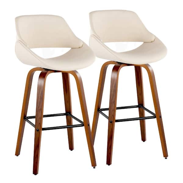 LumiSource Fabrico 29.5 in. Cream Faux Leather, Walnut Wood, and Black Metal Fixed-Height Bar Stool with Square Footrest (Set of 2)