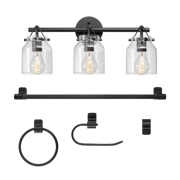 Globe Electric 5-Piece All-In-One Matte Black Bathroom Accessory Set with 22 in. 3-Light Vanity Light and Seeded Glass Shades
