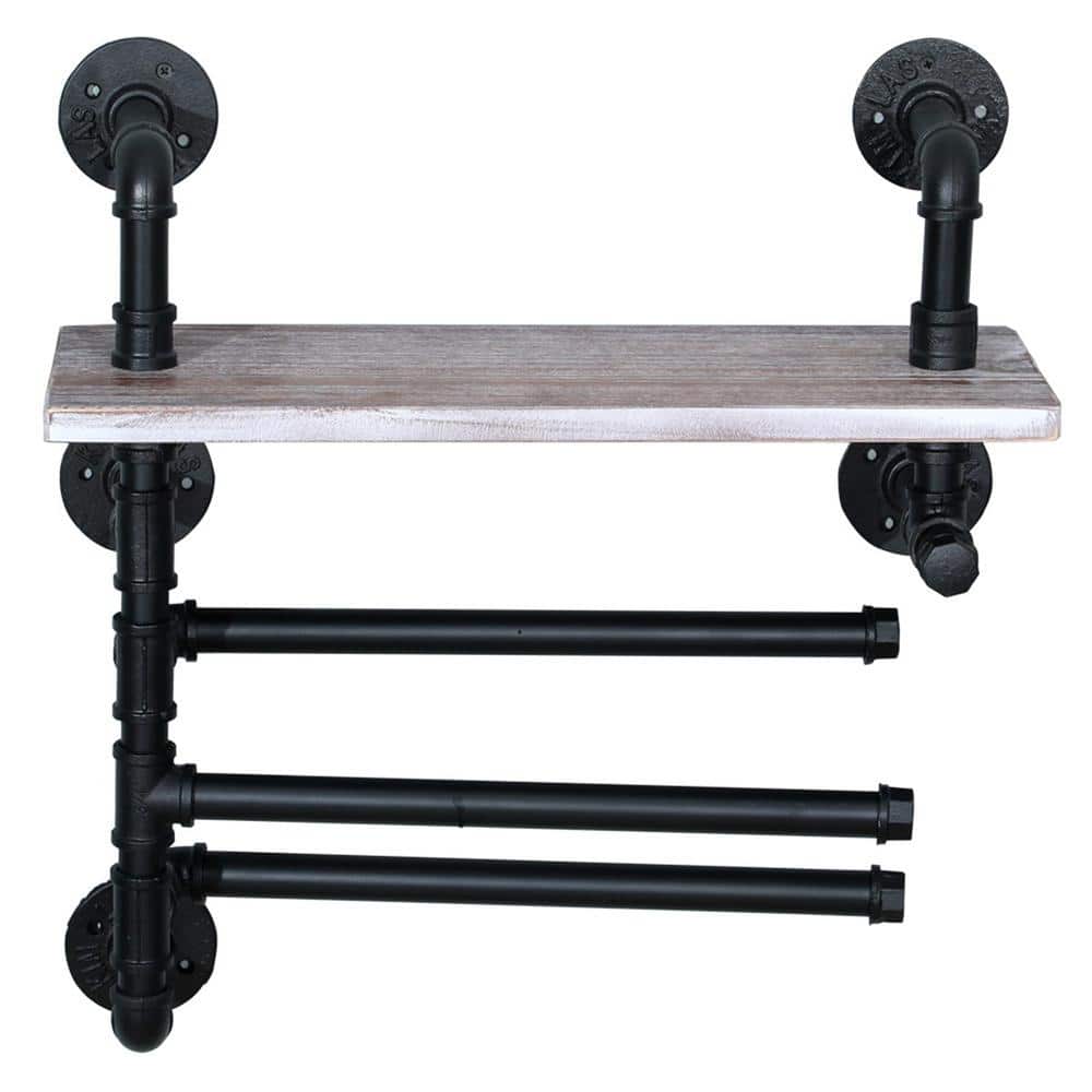 Winado 24 in. Industrial 3Bar Towel Rack with Wall Shelf in Black