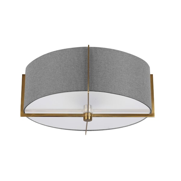 Preston 15-in. 3-Light Aged Brass Semi-Flush Mount with Grey Drum Shade