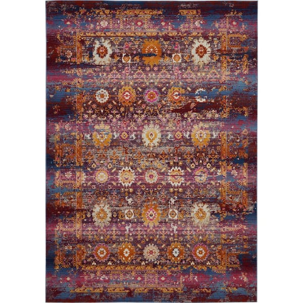 5 ft. x 8 ft. Blue Yellow and Red Floral Distressed Non Skid Area Rug