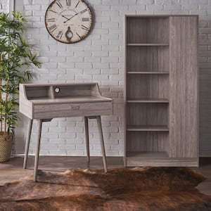 Ellison 32.68 in. Rectangular Grey Wood 1-Drawer Desk with Bookcase