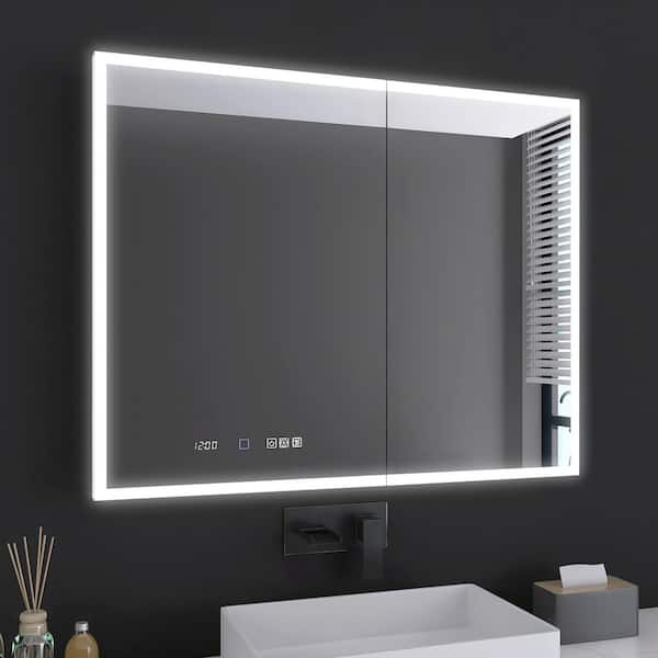 MEDUNJESS HHG 40 in. W x 32 in. H Rectangular Silver Aluminum Recessed/Surface Mount Medicine Cabinet with Mirror and LED