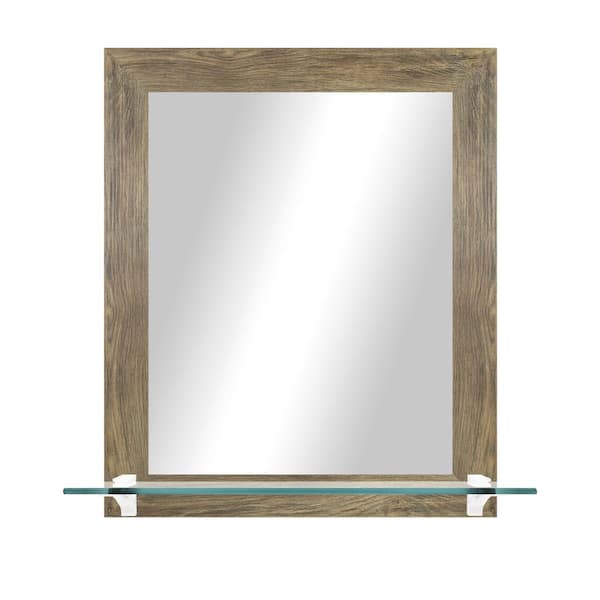 Unbranded 21.5 in. W x 25.5 in. H Rectangle Brown Vertical Framed Mirror with Tempered Glass Shelf/White Bracket