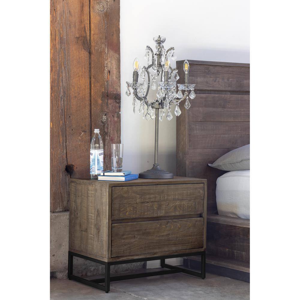 Rustic Transitional Solid Pine 2-Drawer Nightstand with Metal Base