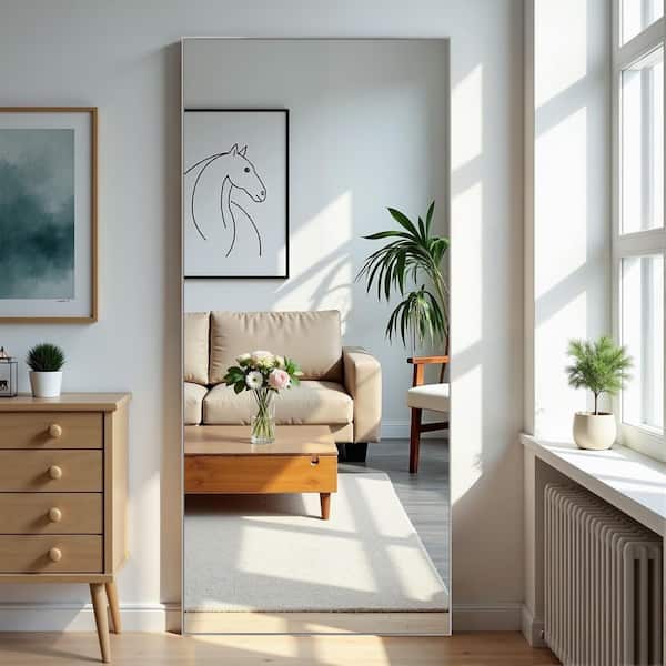 Silver 31 in. W x 70 in. H Rectangle Aluminum Alloy Thin Edge Full Length Mirror (with Bracket)