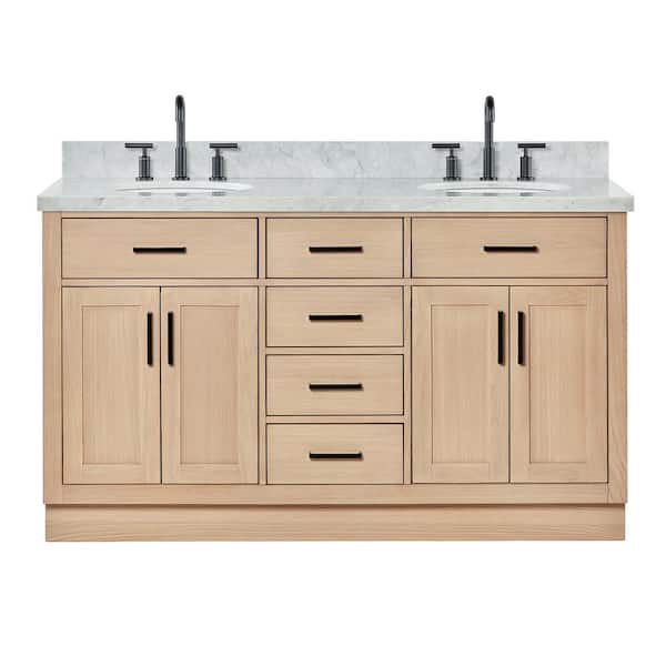 Hepburn 61 in. W x 22 in. D x 36 in. H Double Freestanding Bath Vanity in Oak with Italian Carrara Marble Top