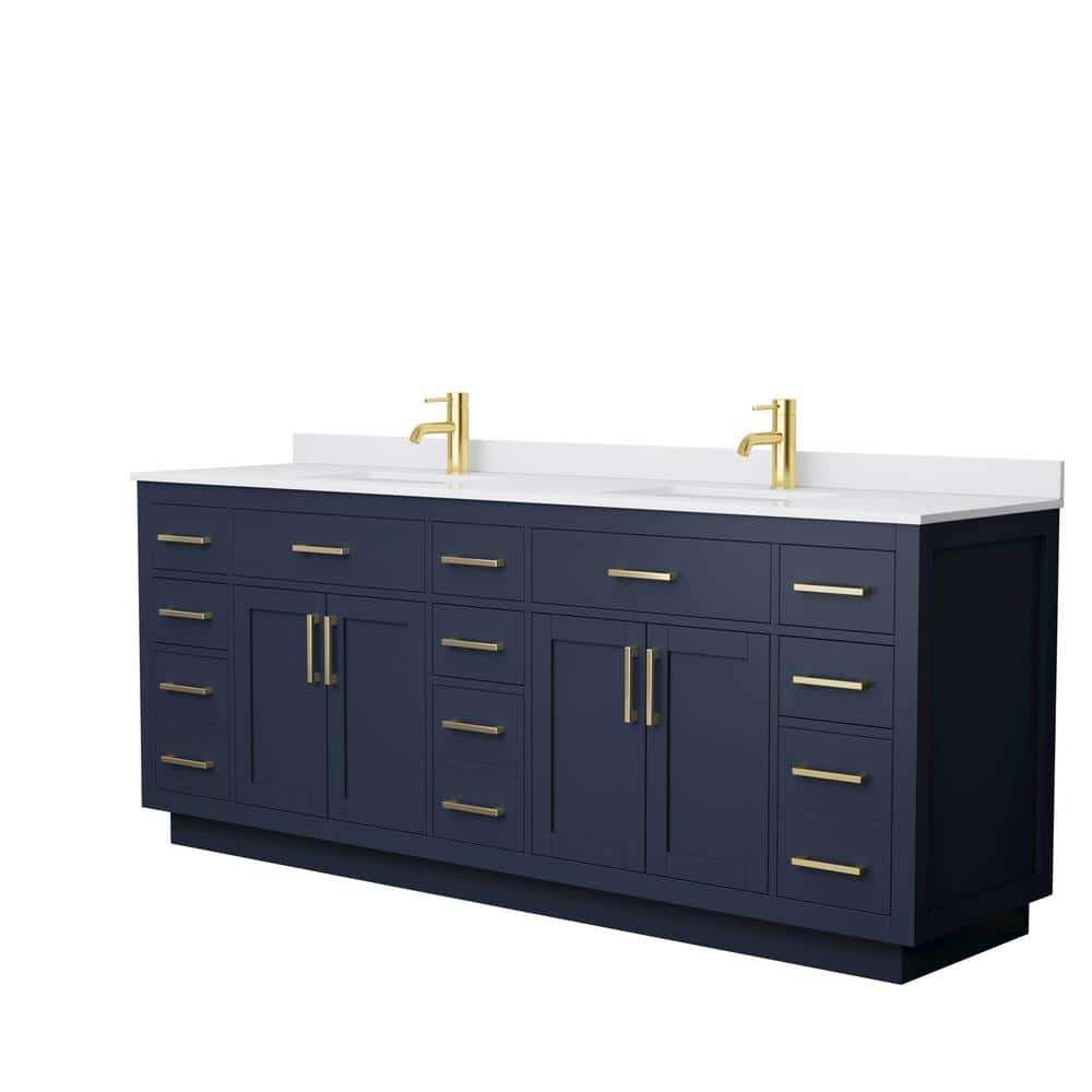 Wyndham Collection Beckett TK 84 in. W x 22 in. D x 35 in. H Double Bath Vanity in Dark Blue with White Cultured Marble Top, Dark Blue with Brushed Gold Trim -  840193394216