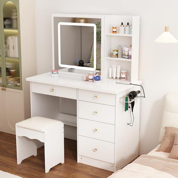 FUFU&GAGA White Makeup Vanity Set Dressing Table with Sliding LED Lighted Mirror Power Strip and Hair Dryer Holder, Drawers, Stool
