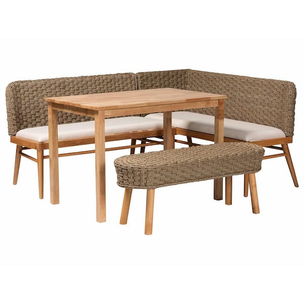 bali & pari Denver 4-Piece Natural Seagrass and Oak Brown Wood Top Dining Set